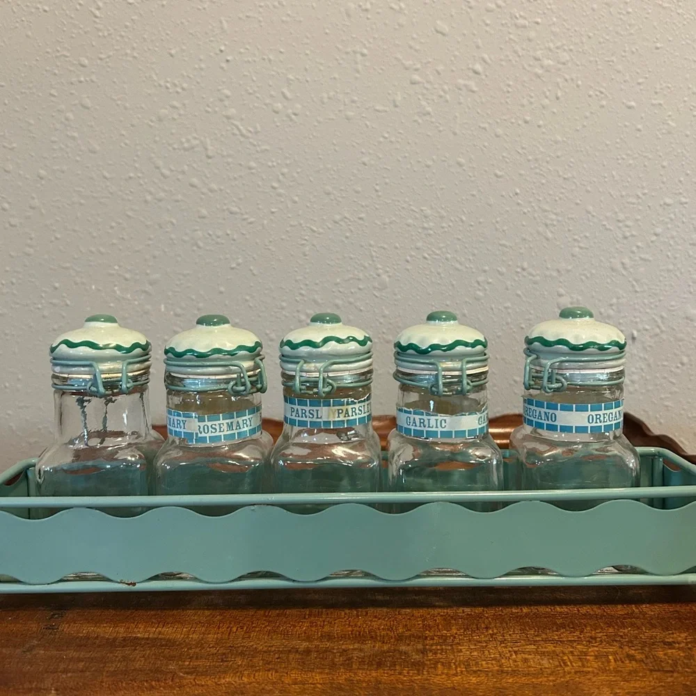 Vintage Aqua Ceramic-Top Spice Jar Set with Carrier